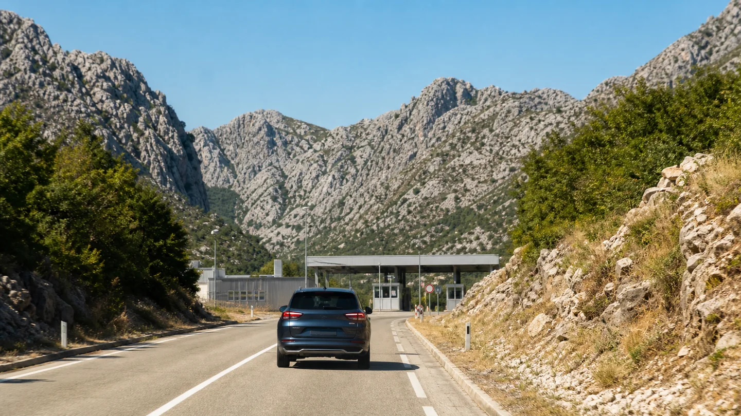 Rental car approaching a Balkan border crossing on a mountain road from Montenegro