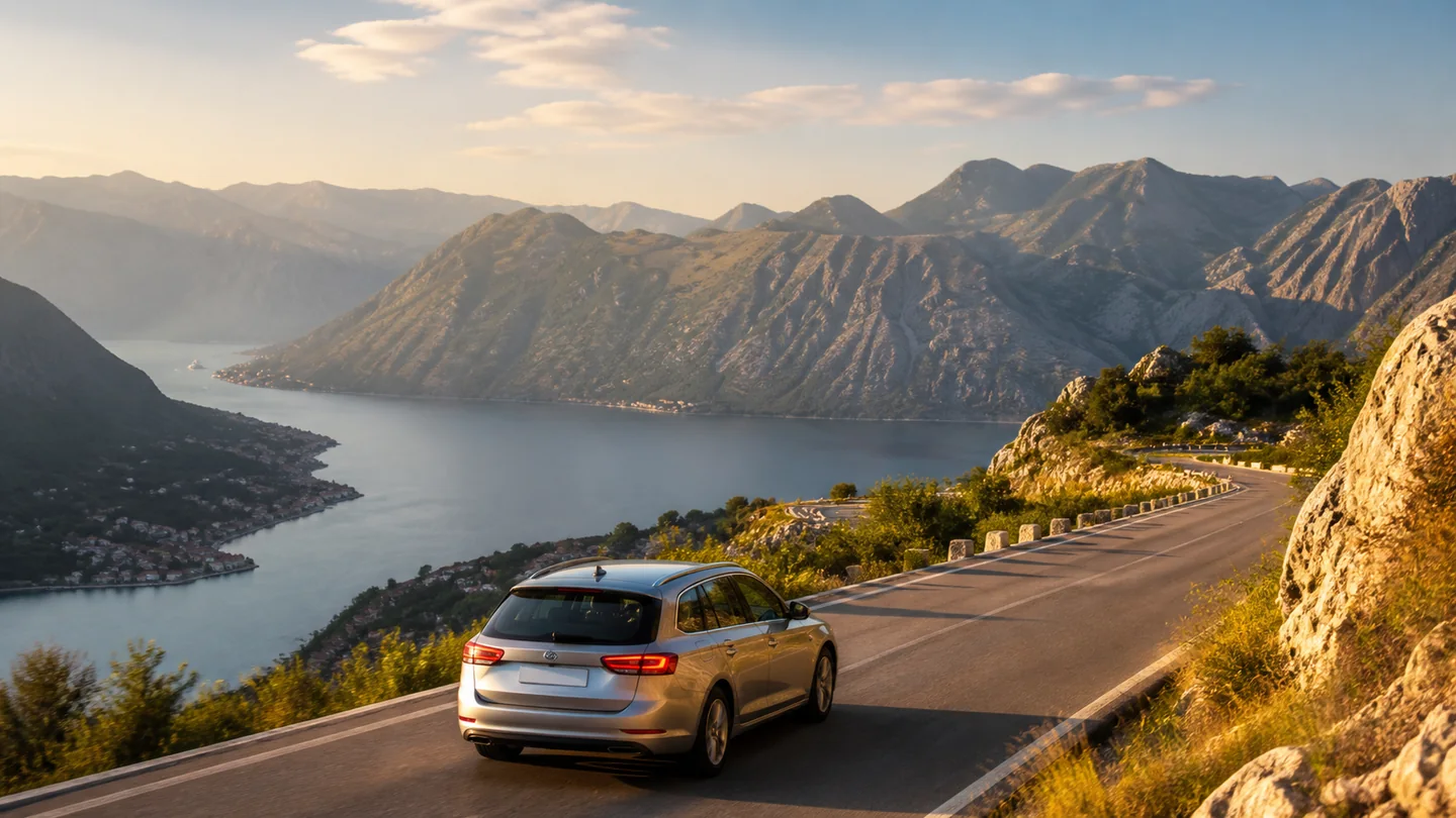 Rental car on a scenic Montenegro road above the Bay of Kotor during a seven-day road trip